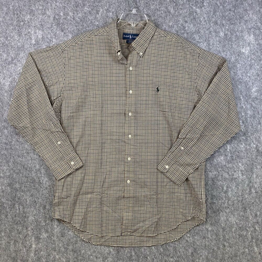Ralph Lauren Blake Large 100% Cotton Button Down Long Sleeve Tan Brown Check